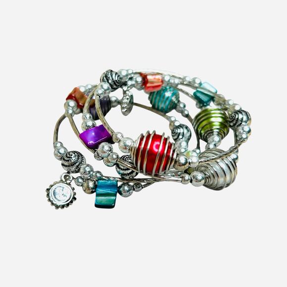 Colorful Caged Bead Silver Tone Flex Wire Stretch Bracelet - Picture 3 of 5